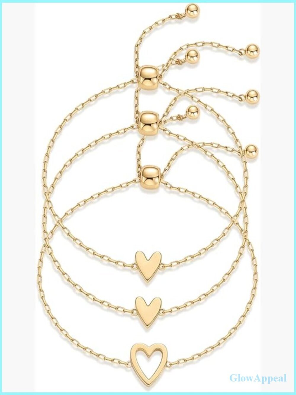 14K Gold Plated Heart Charms Bracelet Set - 3 Pack Adjustable